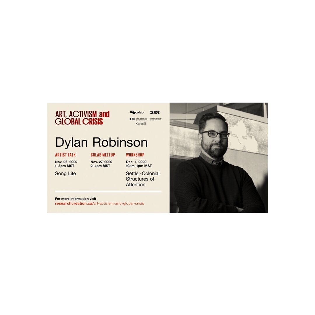 Great new! @researchcreation will be hosting Dylan Robinson this November, which means a thought provoking conversation is in the horizon for the end of this month!

PUBLIC ARTIST TALK - NOVEMBER 26 (1PM MST)

Dylan Robinson's artist talk will be hap