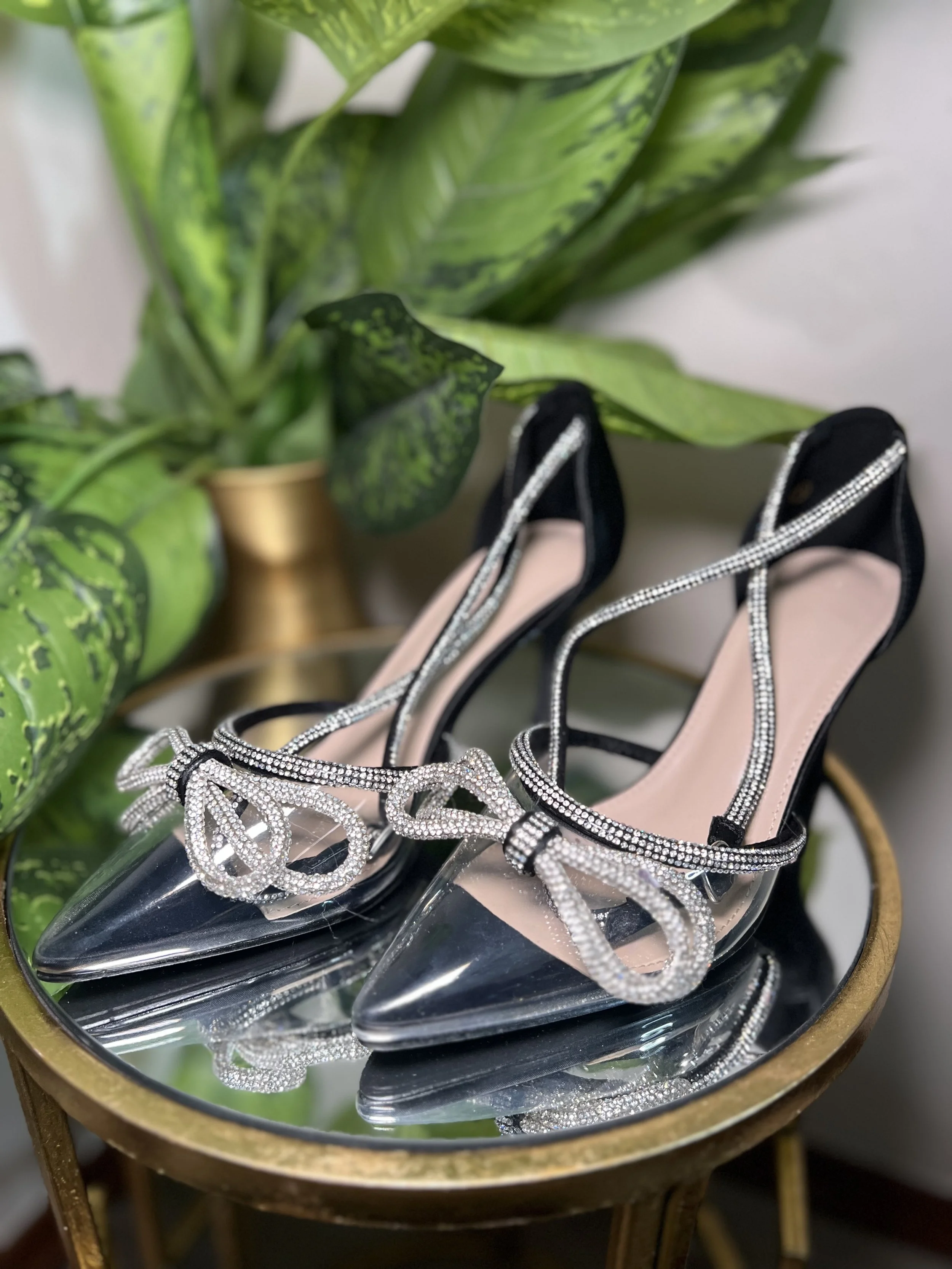 Black Rhinestone Bow Heels