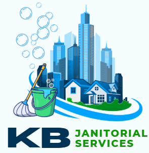 Illustration of a city skyline with skyscrapers and residential houses, bubbles, a mop, and a bucket, representing cleaning services. Text reads 'KB Janitorial Services'.