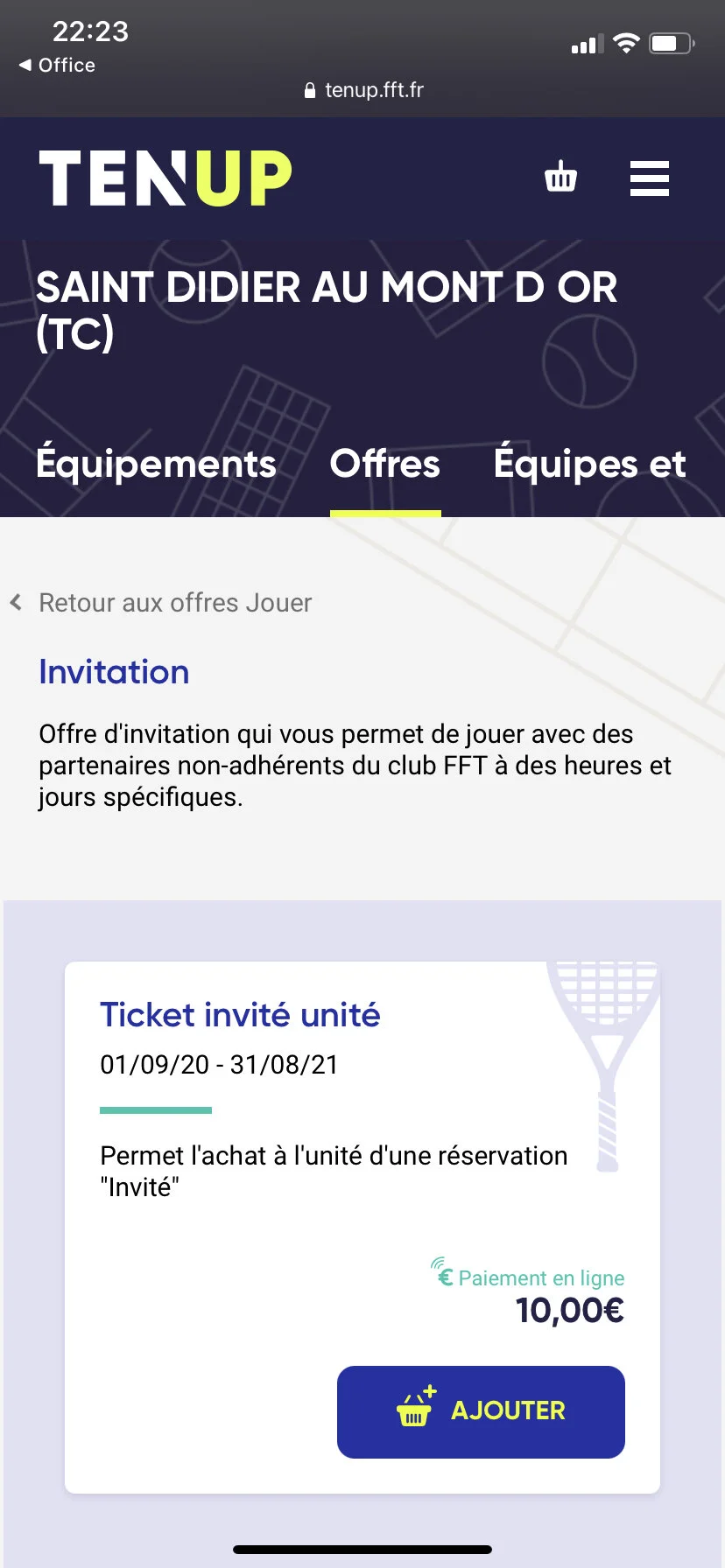 3 Vous arrivez directement sur la page d’achat du ticket invité à l’unité. Cliquer sur ajouter au panier.