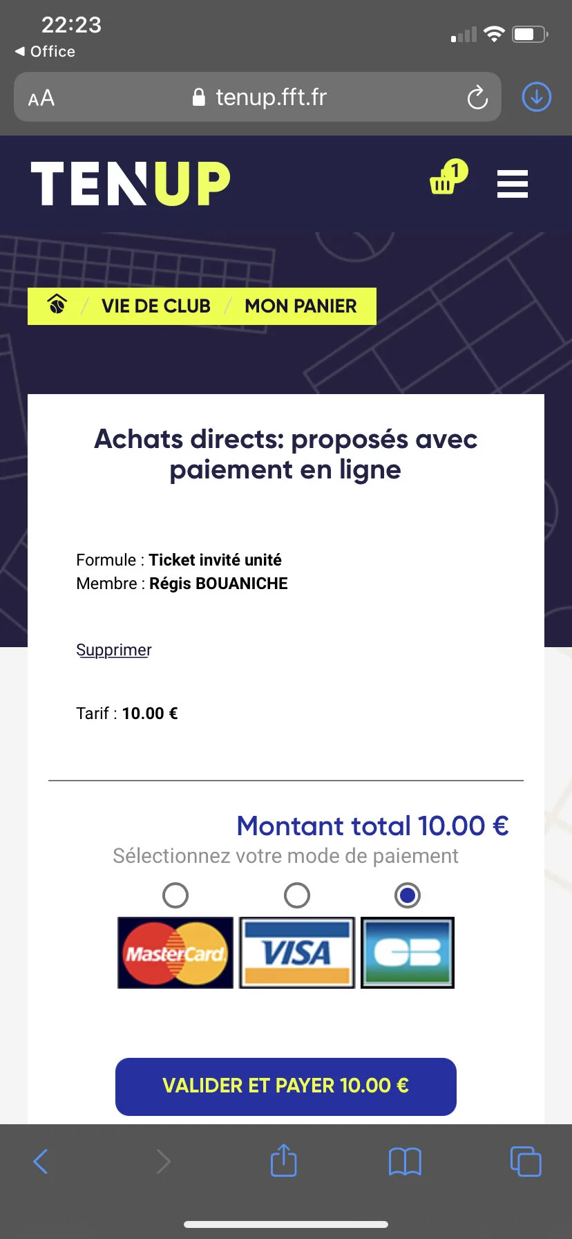 5 Choisir la carte de paiement et cliquer sur valider et payer.