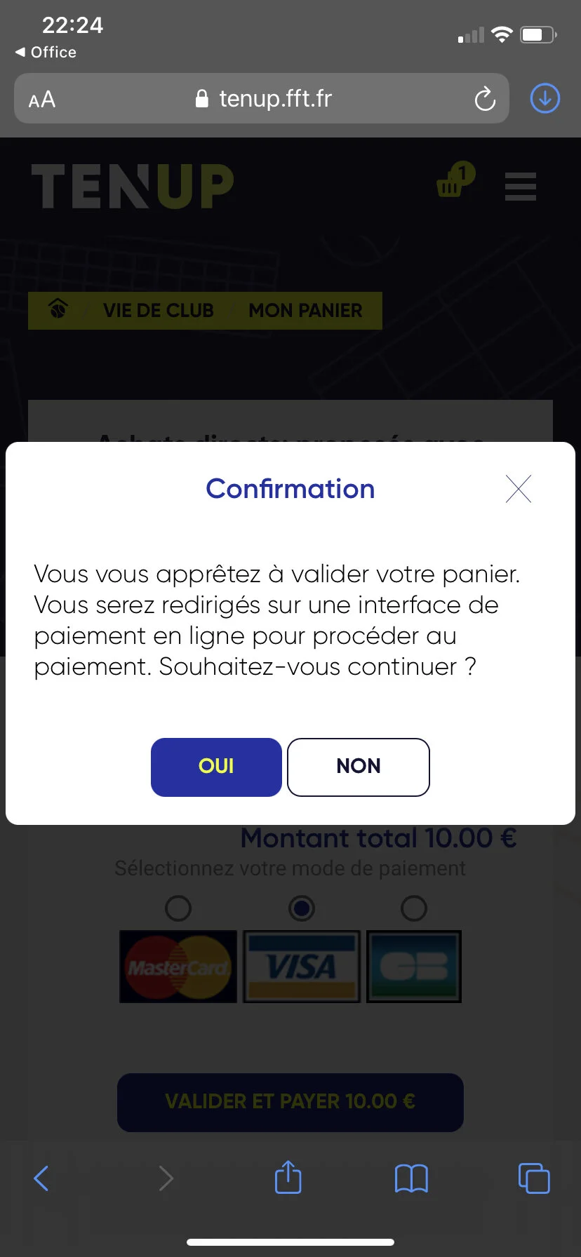 6 Cliquer sur oui pour être redirigé vers la page de paiement en ligne sécurisée.