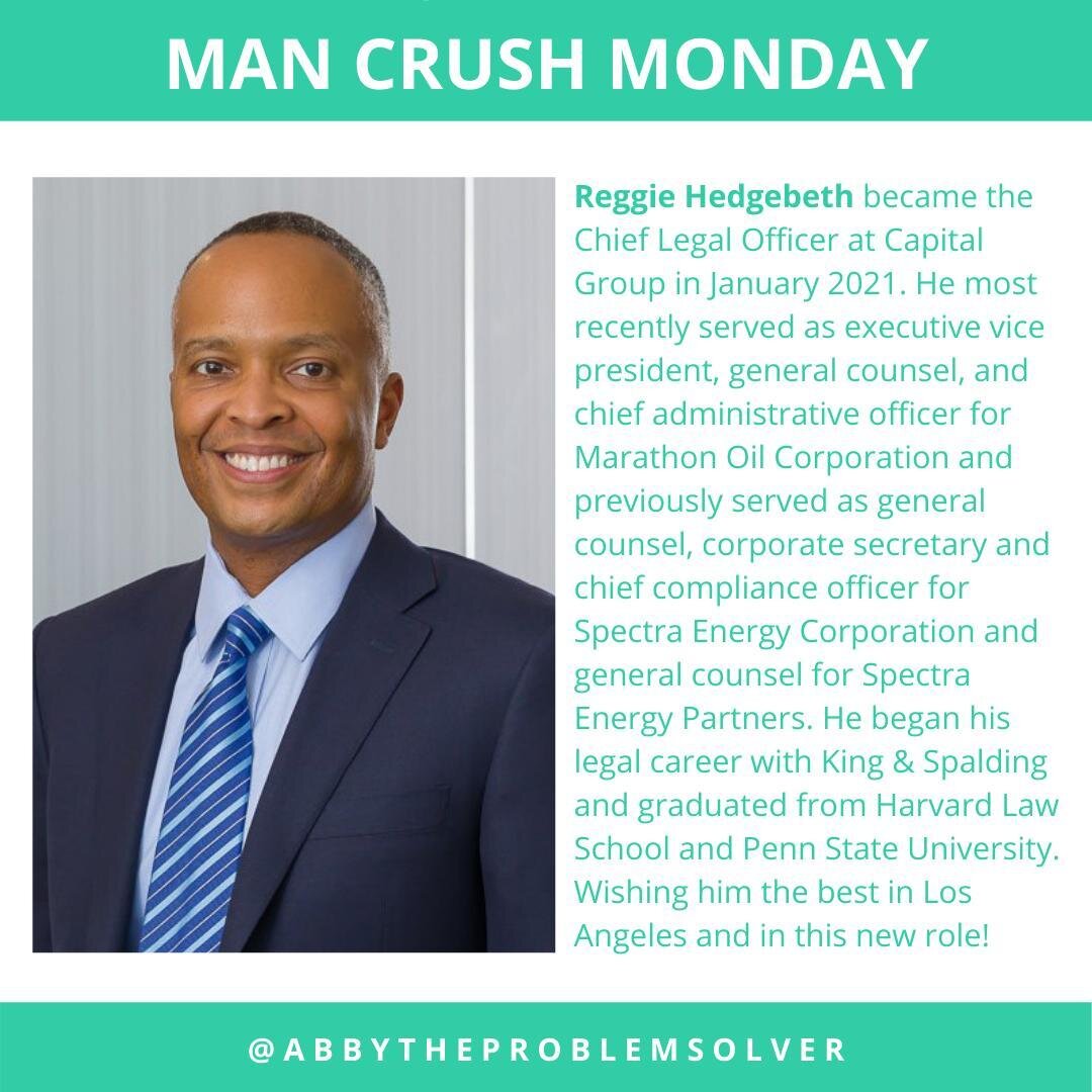#ManCrushMonday

Reggie Hedgebeth became the Chief Legal Officer at Capital Group in January 2021. He most recently served as executive vice president, general counsel, and chief administrative officer for Marathon Oil Corporation and previously serv