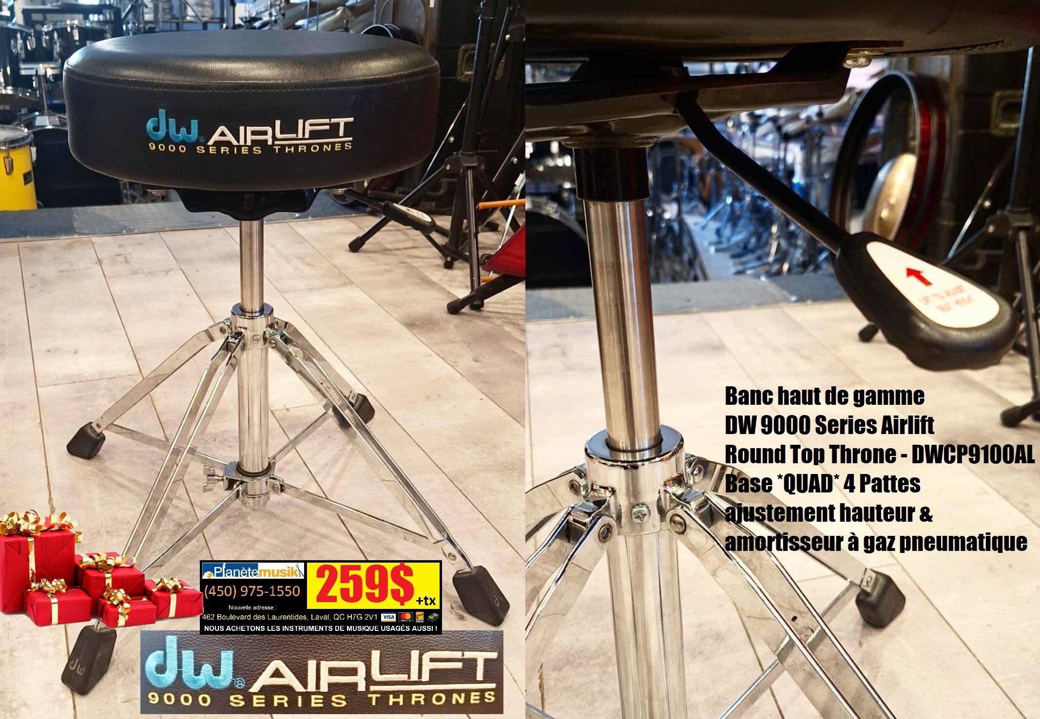 Banc haut de gamme DW 9000 Series Airlift Round Top Throne / Se vend 500$+ partout neuf