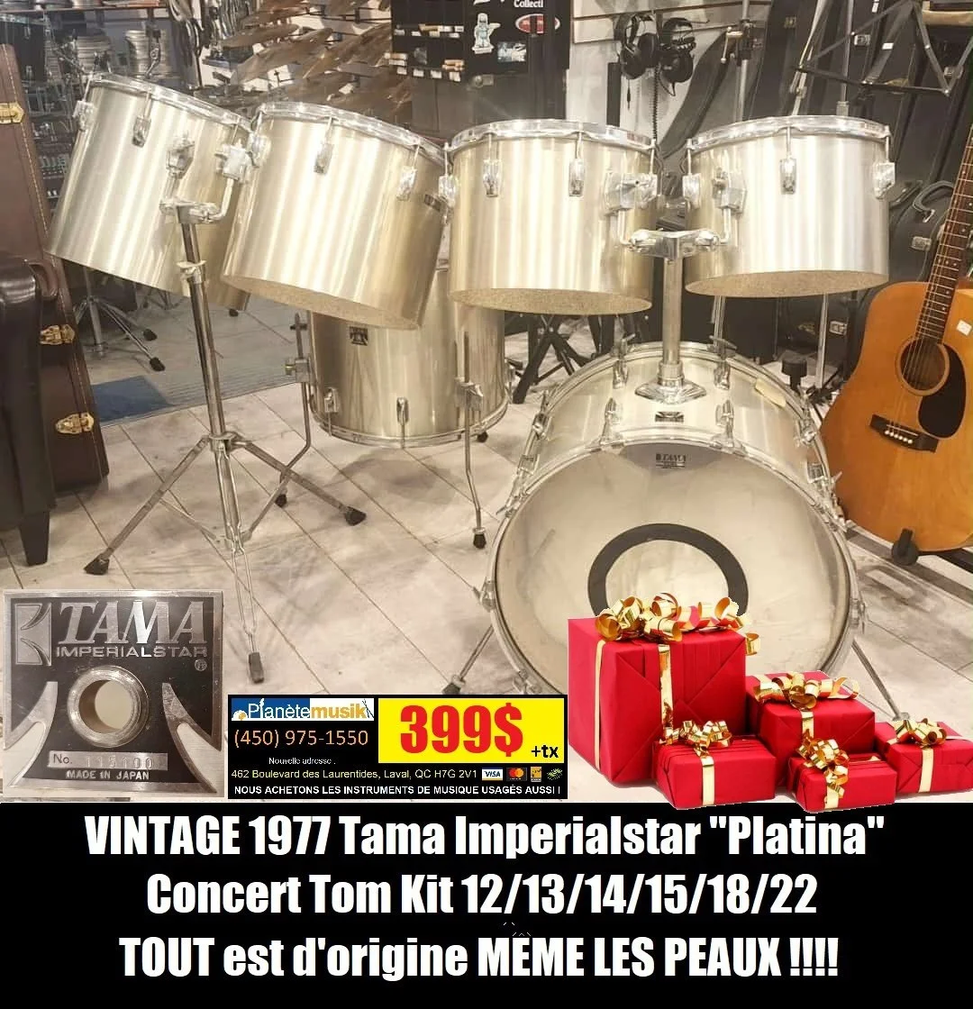 VINTAGE 70'S JAPAN Batterie drum shell kit TAMA IMPERIALSTAR *PLATINA* - TOUT EST D'ORIGINE ET FONCTIONNEL A1 (4 Toms concert 12/13/14/15) Floor tom 18 et bass drum 22. MÊME LES PEAUX SONT D'ORIGINES