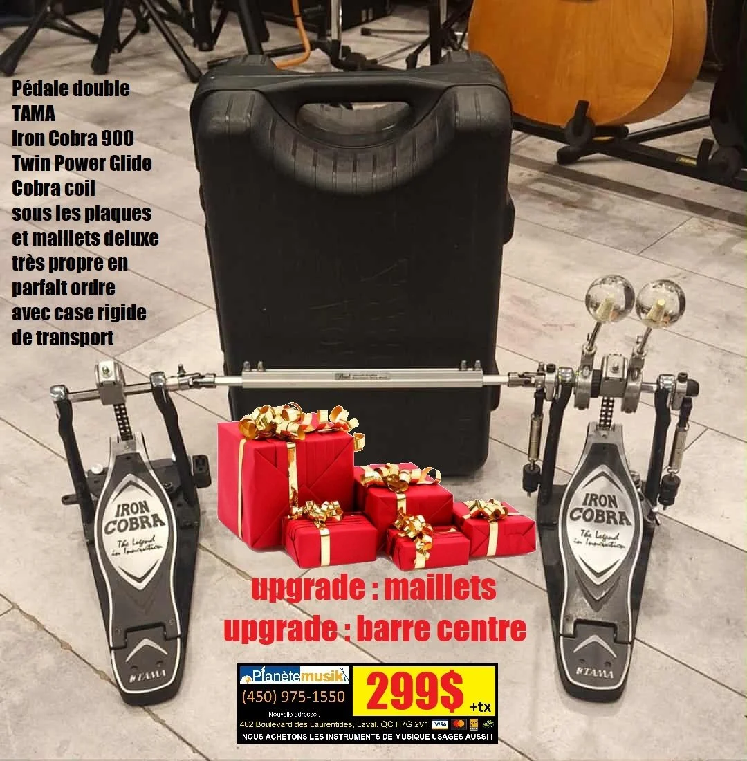 Pédale double deluxe TAMA IRON COBRA 900 POWER GLIDE Upgrade : maillets et barre de centre - Cobra coils sous les plaques! avec case de transport TRÈS PROPRE