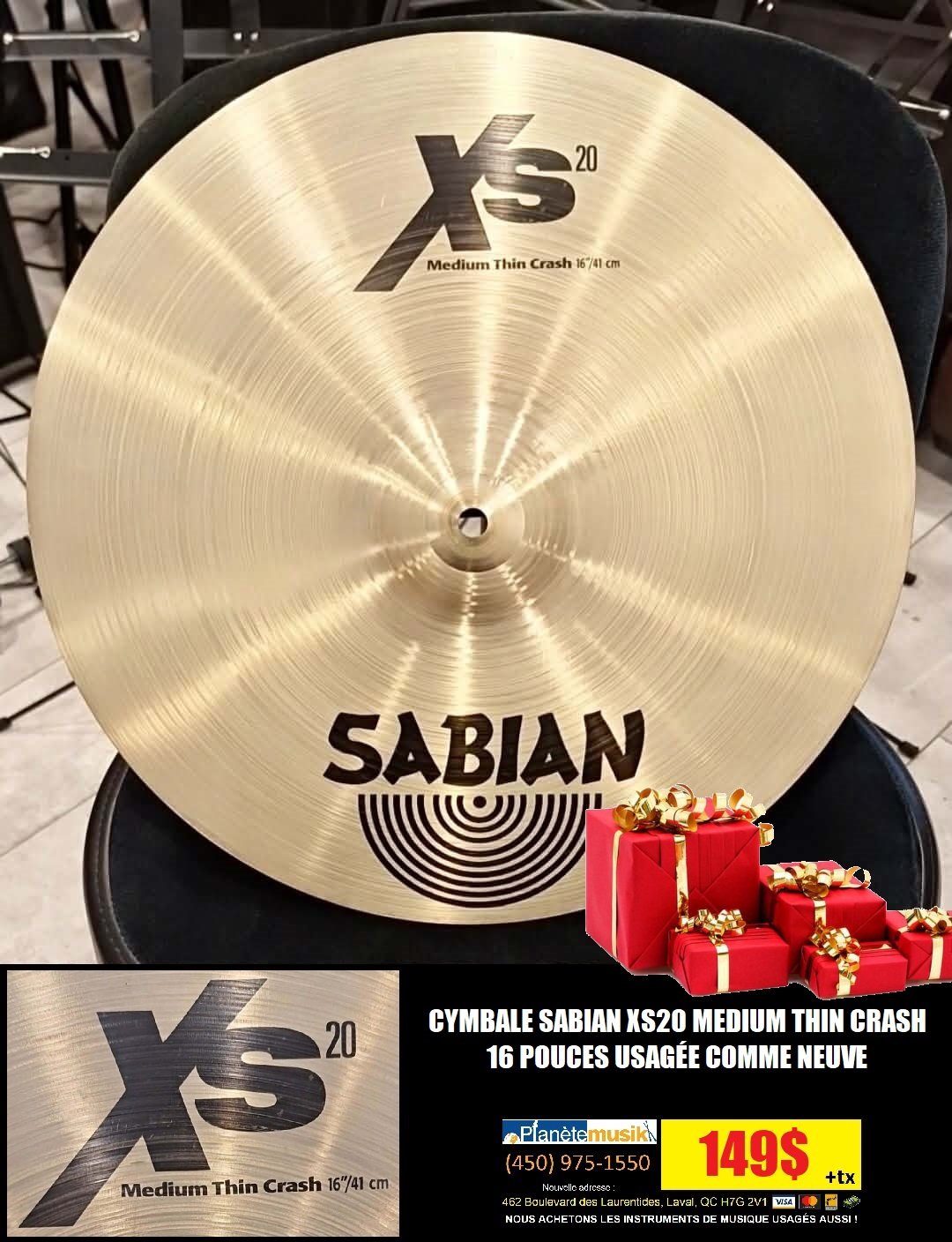 Cymbale SABIAN XS20 Medium thin crash 16 pouces comme neuve
