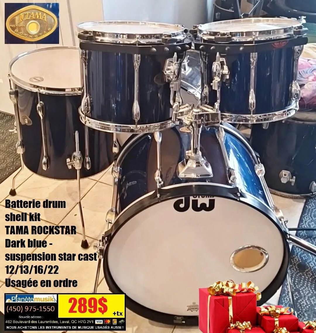 Batterie drum shell kit 4 mcx TAMA ROCKSTAR 12/13/16/22 suspension sur les toms