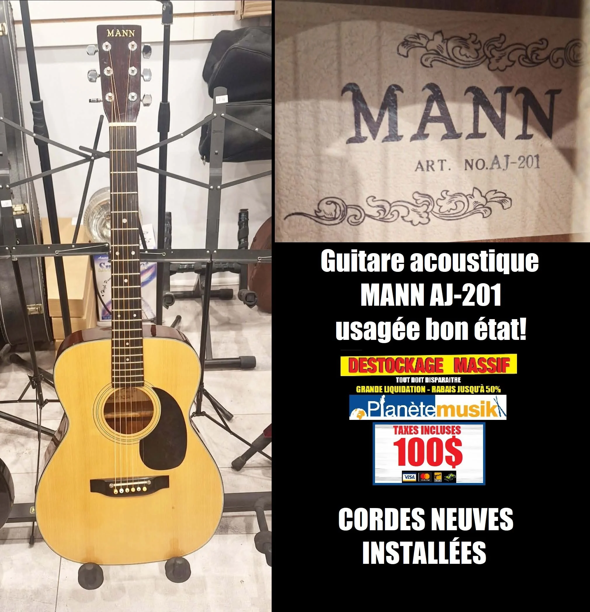LE DÉSTOCKAGE CONTINUE - Guitare acoustique MANN usagée bon état ! cordes neuves installées