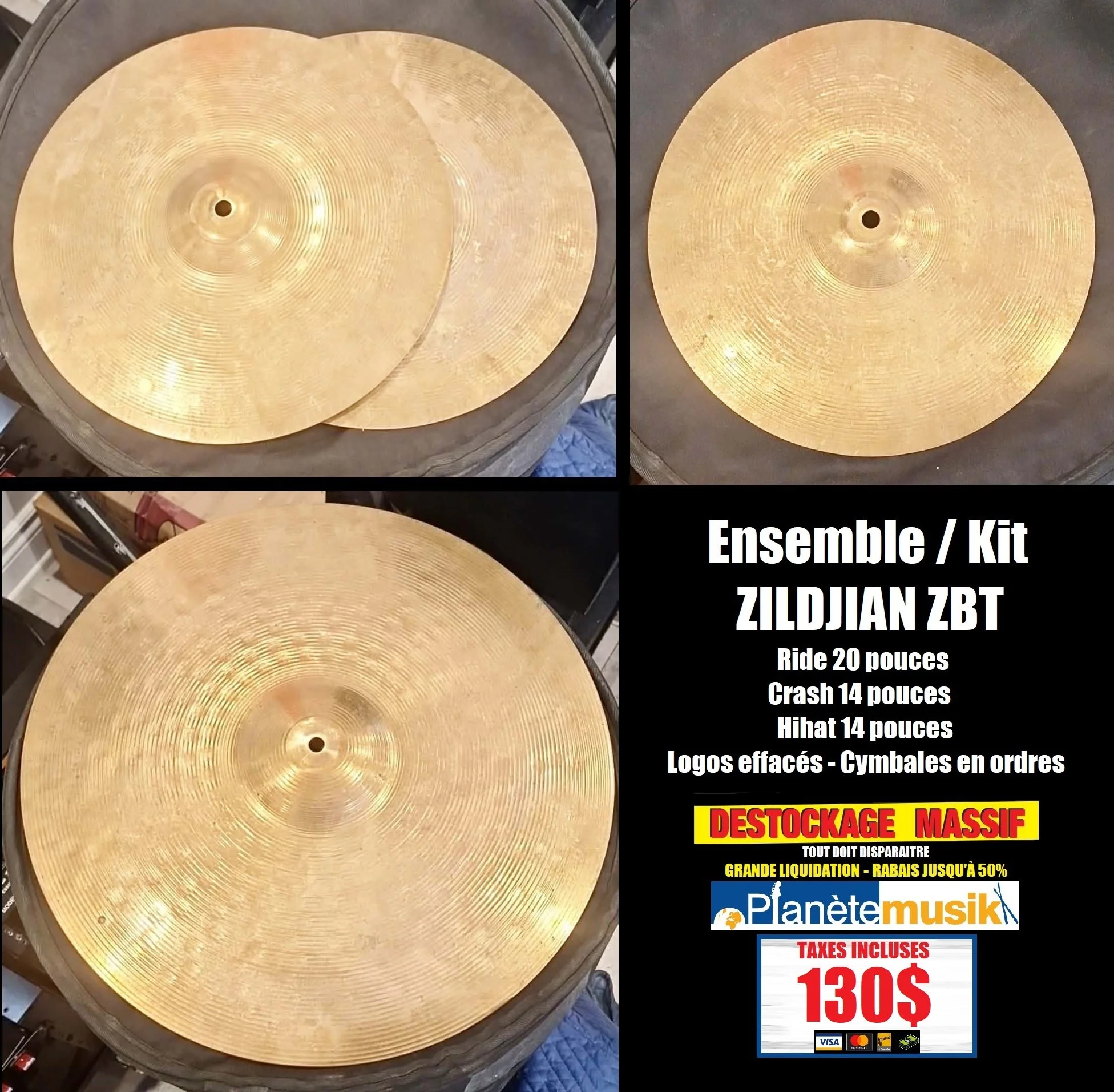 LE DÉSTOCKAGE CONTINUE - ENSEMBLE KIT de cymbales (hh14, cr14 et ride20) ZILDJIAN ZBT (tx incluses)