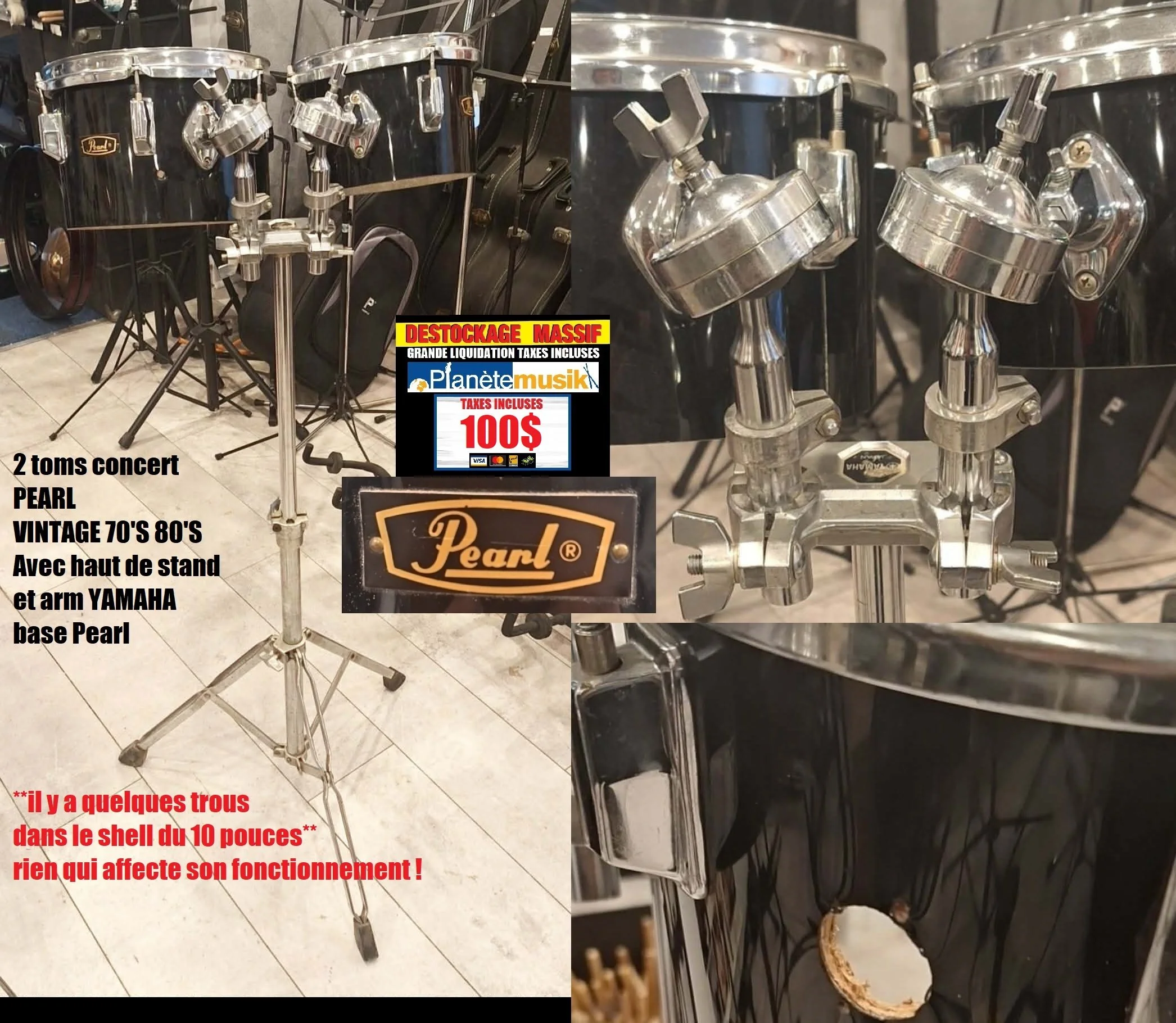 LE DÉSTOCKAGE CONTINUE - 2 Toms Concert 8 &amp; 10 pouces vintage PEARL Sur stand YAMAHA (lire sur l'image) Quelques trous dans le shell du 10 pouces, rien qui affecte son fonctionnement (TX INCLUSES)