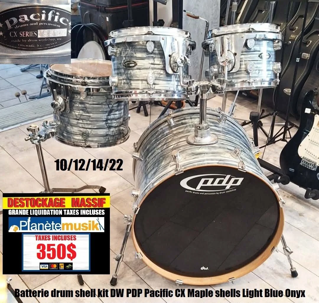 LE DÉSTOCKAGE CONTINUE - Batterie drum shell kit DW PDP Pacific CX Maple shells Light Blue Onyx avec suspension 10/12/14/22