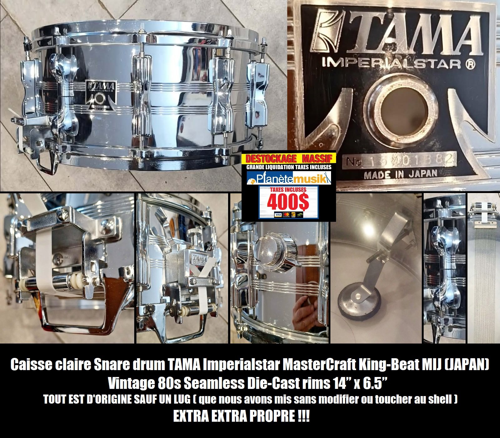 LE DÉSTOCKAGE CONTINUE - Caisse claire Snare drum TAMA Imperialstar MasterCraft King-Beat MIJ (JAPAN) Vintage 80s Seamless Die-Cast rims 14” x 6.5” TOUT EST D'ORIGINE SAUF UN LUG
