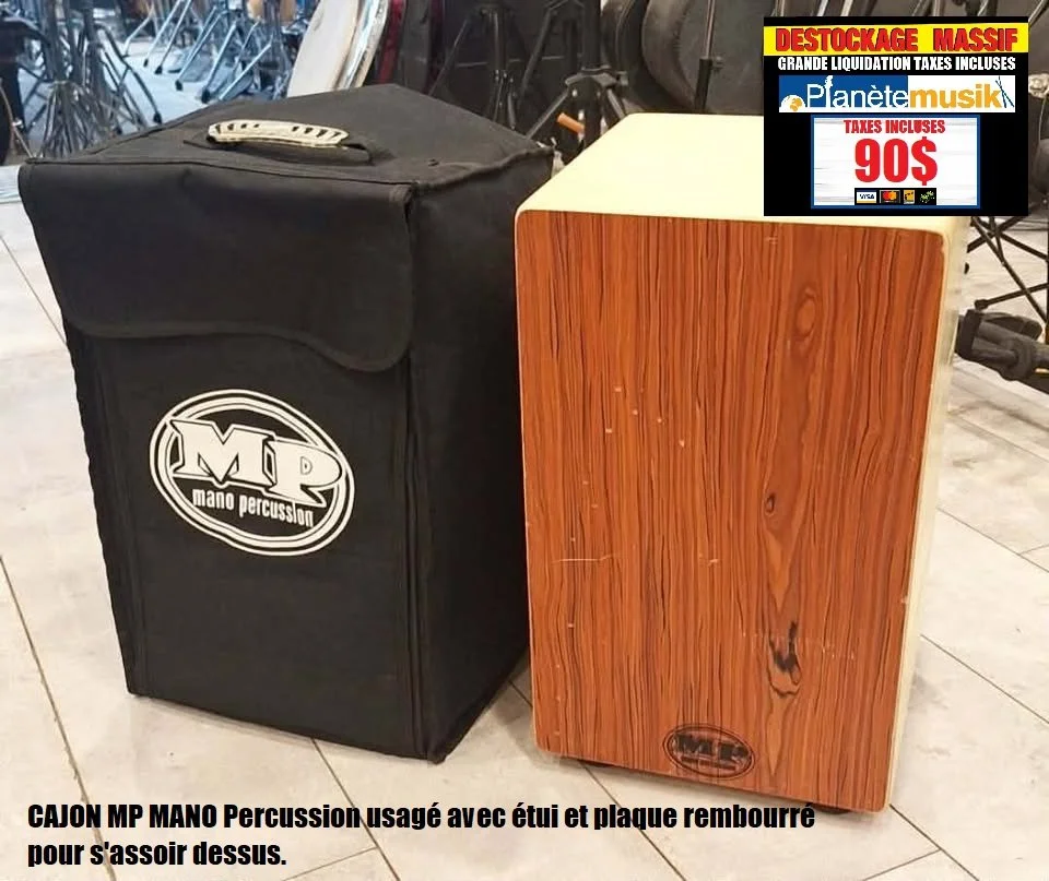 CAJON MP Percussion usagé avec étui et plaque rembourré pour s'assoir dessus