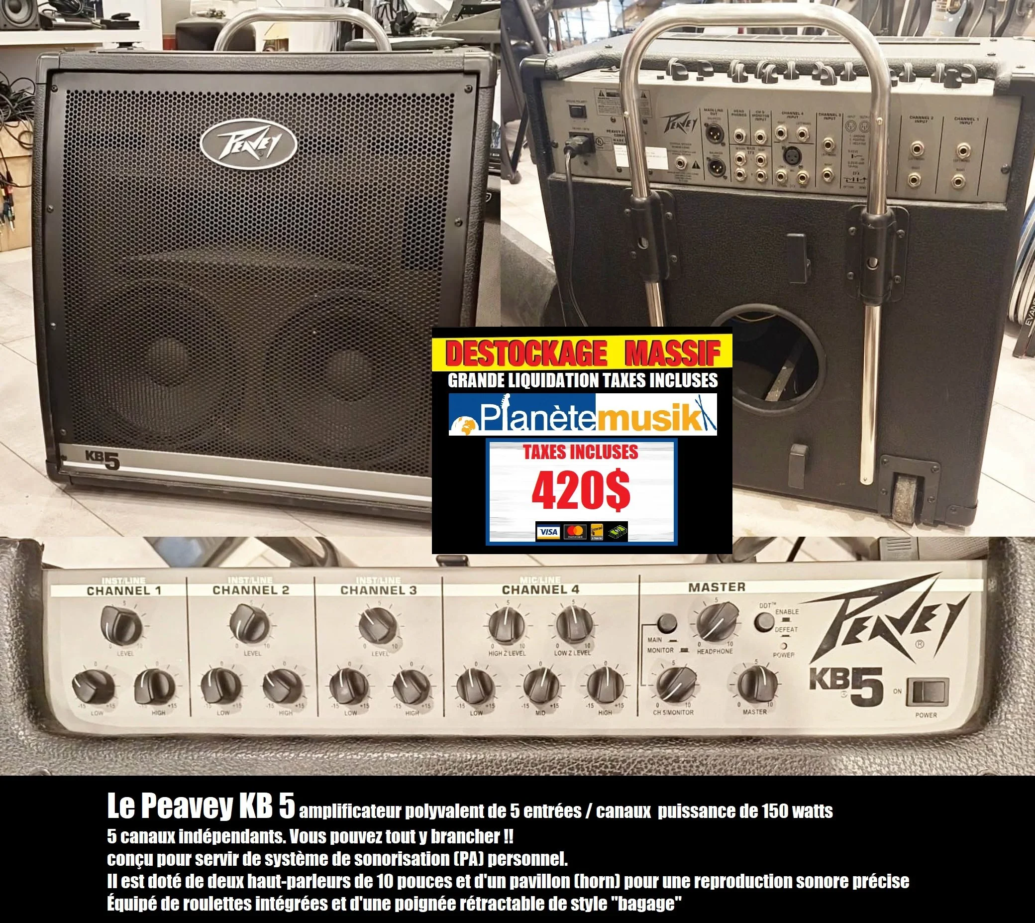 Amplificateur PA mixer PEAVEY KB-5 150W système de sonorisation 5 entrées tout en un TAXES INCLUSES