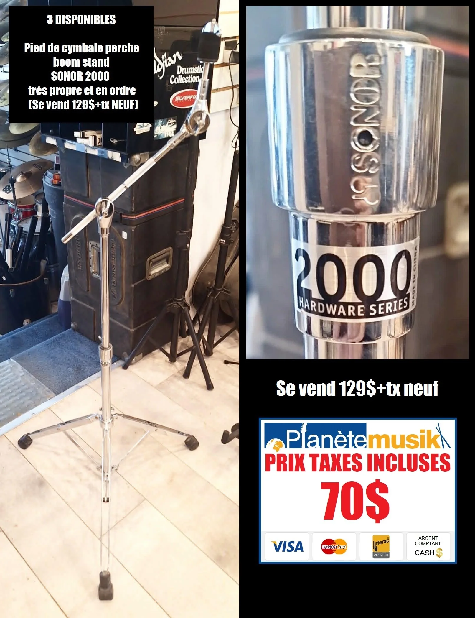Pied de cymbale perche Boom cymbal stand SONOR 2000 très propre