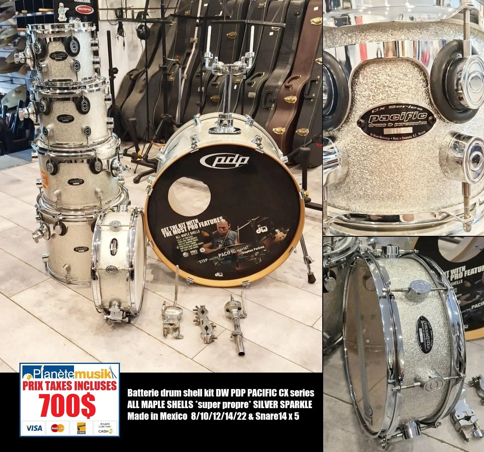 Batterie drum shell kit DW PDP PACIFIC CX series ALL MAPLE SHELL *super propre* Made in Mexico 8/10/12/14/22/Snare14 x 5