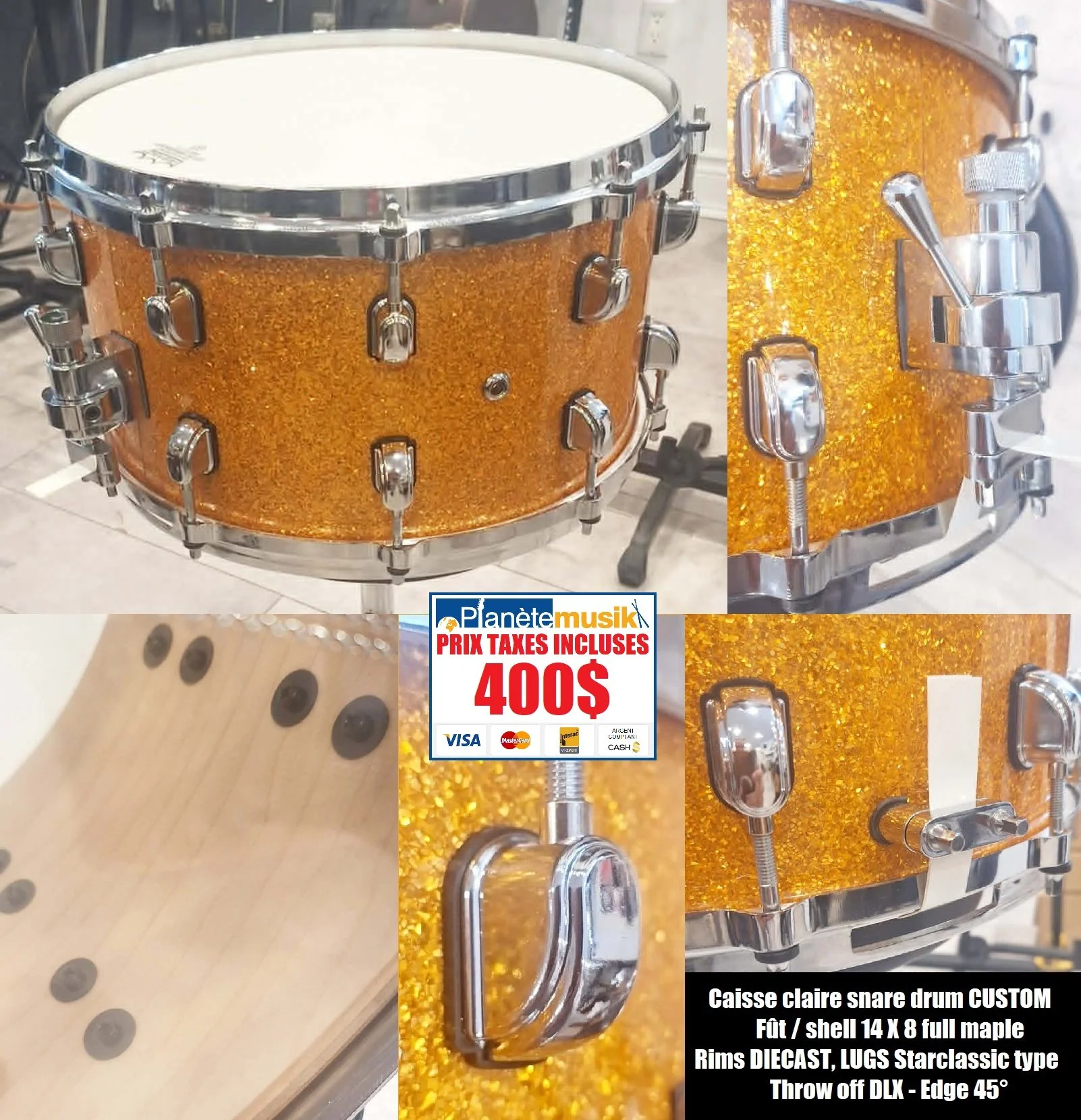 Caisse claire snare drum CUSTOM Fût / shell 14 X 8 full maple / Rims DIECAST Chrome sur aluminium / LUGS Starclassic type / Throw off DLX / Edge 45°