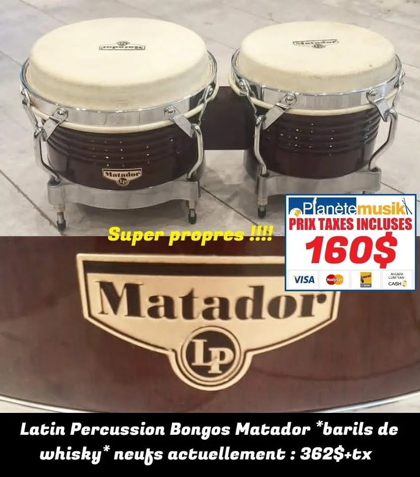 Latin Percussion Bongos Matador barils de whisky se vend neufs actuellement : 362$+tx 160$ TAXES INCLUSES