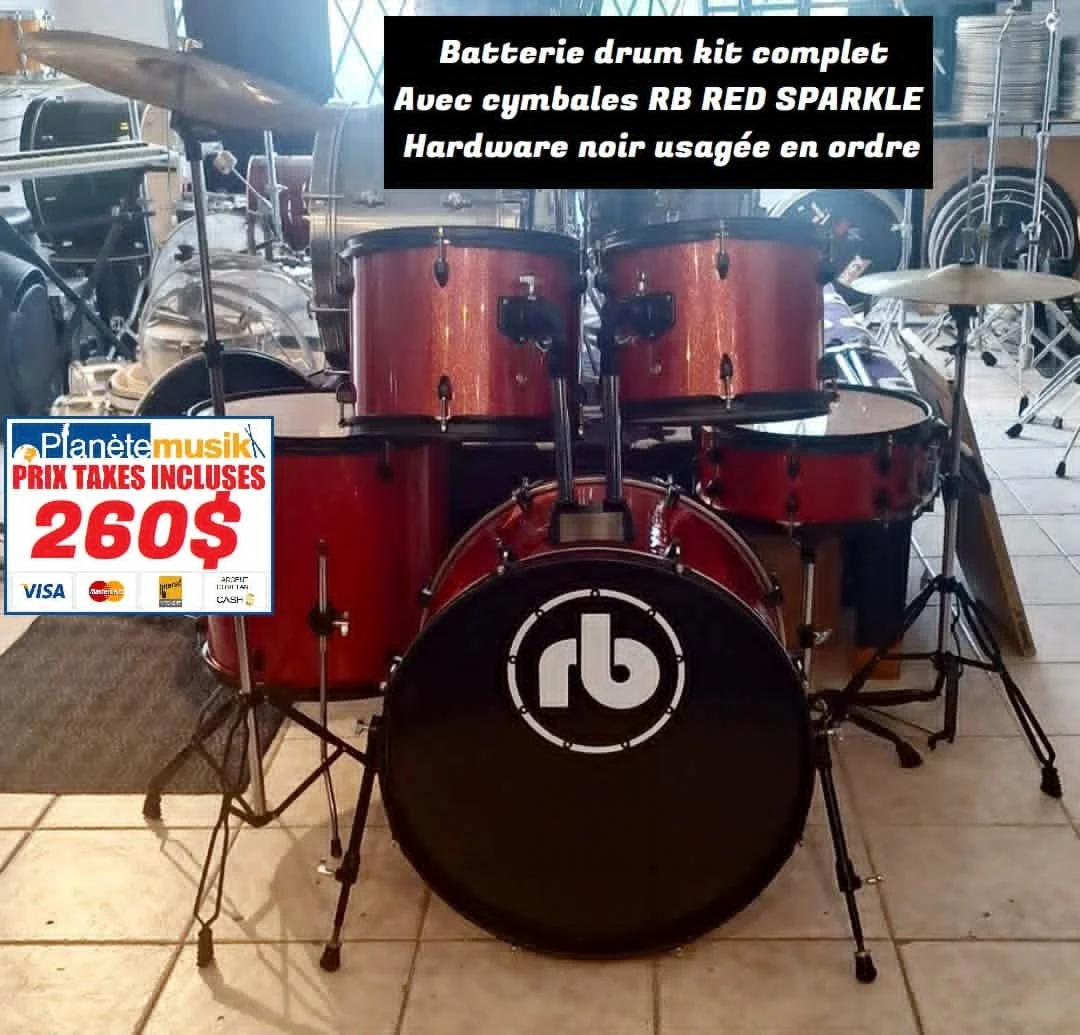TAXES INCLUSES - Batterie drum ensemble complet RB RED SPARKLE et hardware NOIR avec cymbales 12-13-16-22-14 snare! Propre, usagée en ordre