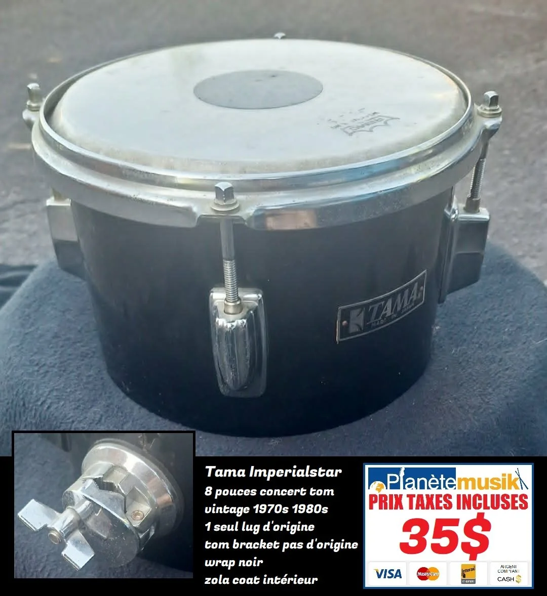 TAXES INCLUSES - Tom concert 8 pouces TAMA IMPERIALSTAR Vintage 70s 80s zola coat / Tom Bracket pas d'origine et 1 seul lug d'origine Usagé en ordre