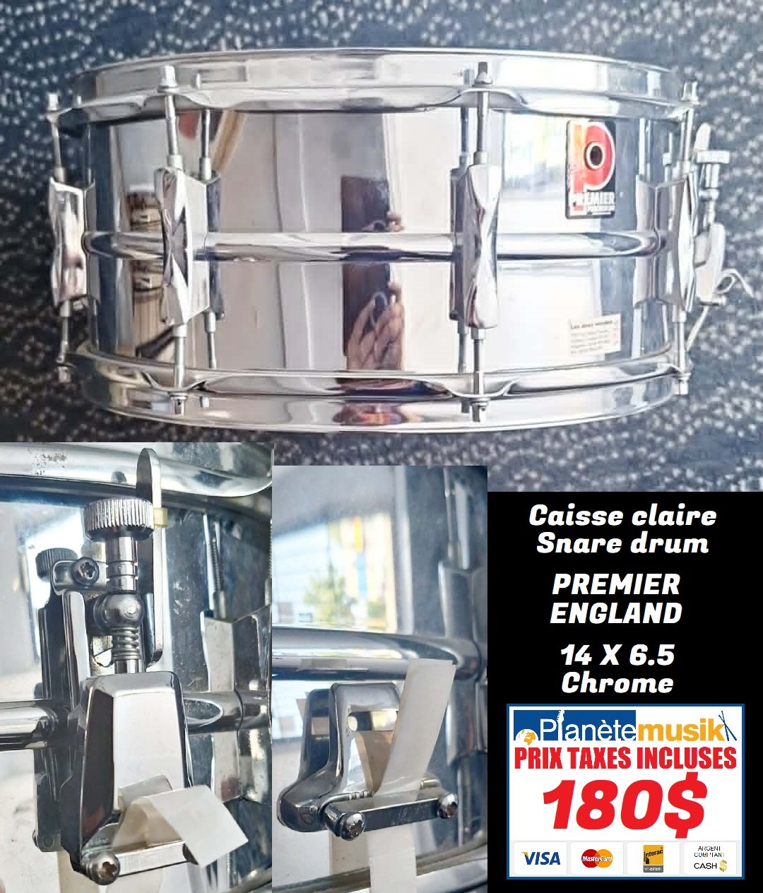 TAXES INCLUSES - Caisse claire snare drum PREMIER ENGLAND 14 X 6.5 usagée en ordre CHROME