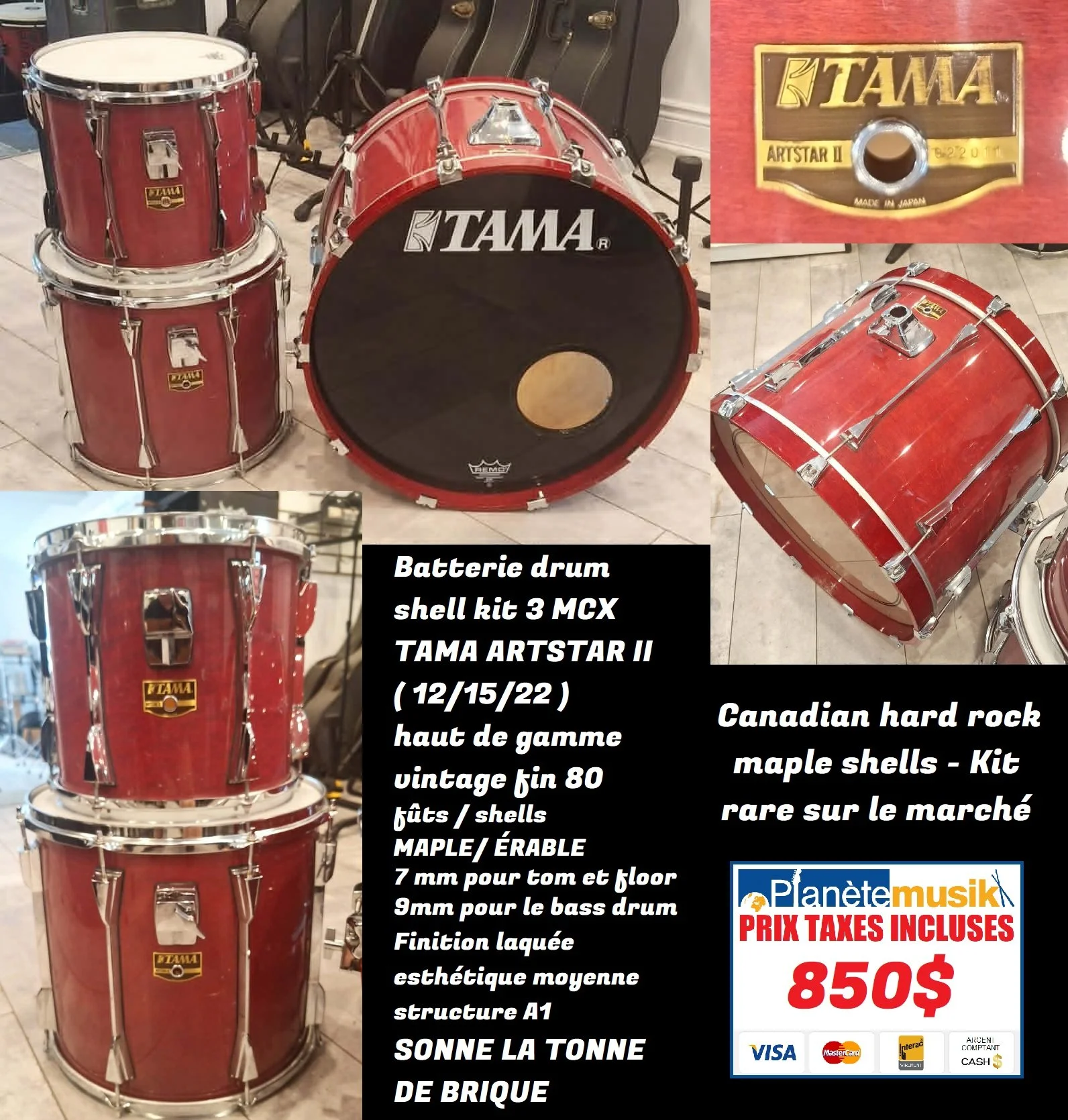 TAXES INCLUSES - Batterie drum VINTAGE 80'S HAUT DE GAMME RARE - TAMA ARTSTAR 2 hard rock Canadian MAPLE 12/15/22 (description sur l'image)