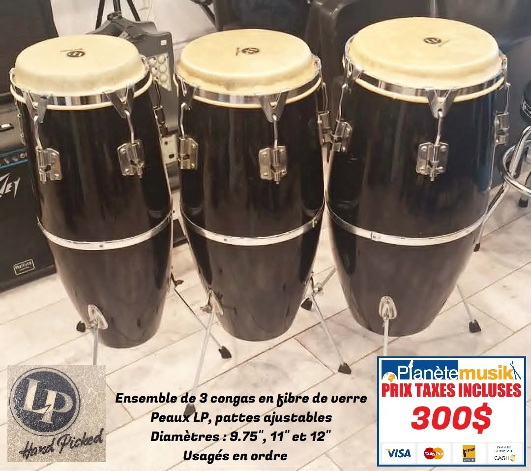 TAXES INCLUSES - Ensemble de 3 congas en fibre de verre - made in mexico 9.75" 11" et 12" Usagés en ordre - 3 PEAUX LP