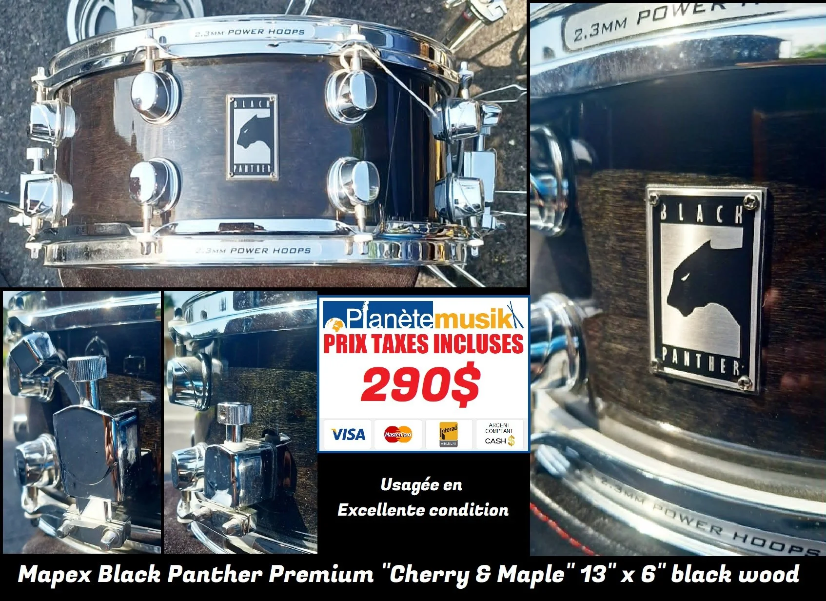 TAXES INCLUSES - Caisse claire snare drum MAPEX BLACK PANTHER 13 X 6 Cherry &amp; maple shell