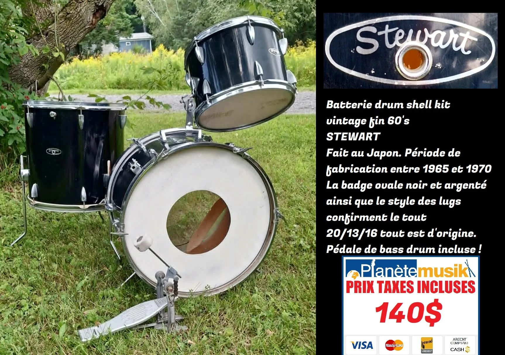 TAXES INCLUSES ! Batterie drum shell kit vintage fin 60's STEWART Fait au Japon. Fin 70’s - 20/13/16 tout est d'origine. Pédale de bass drum incluse