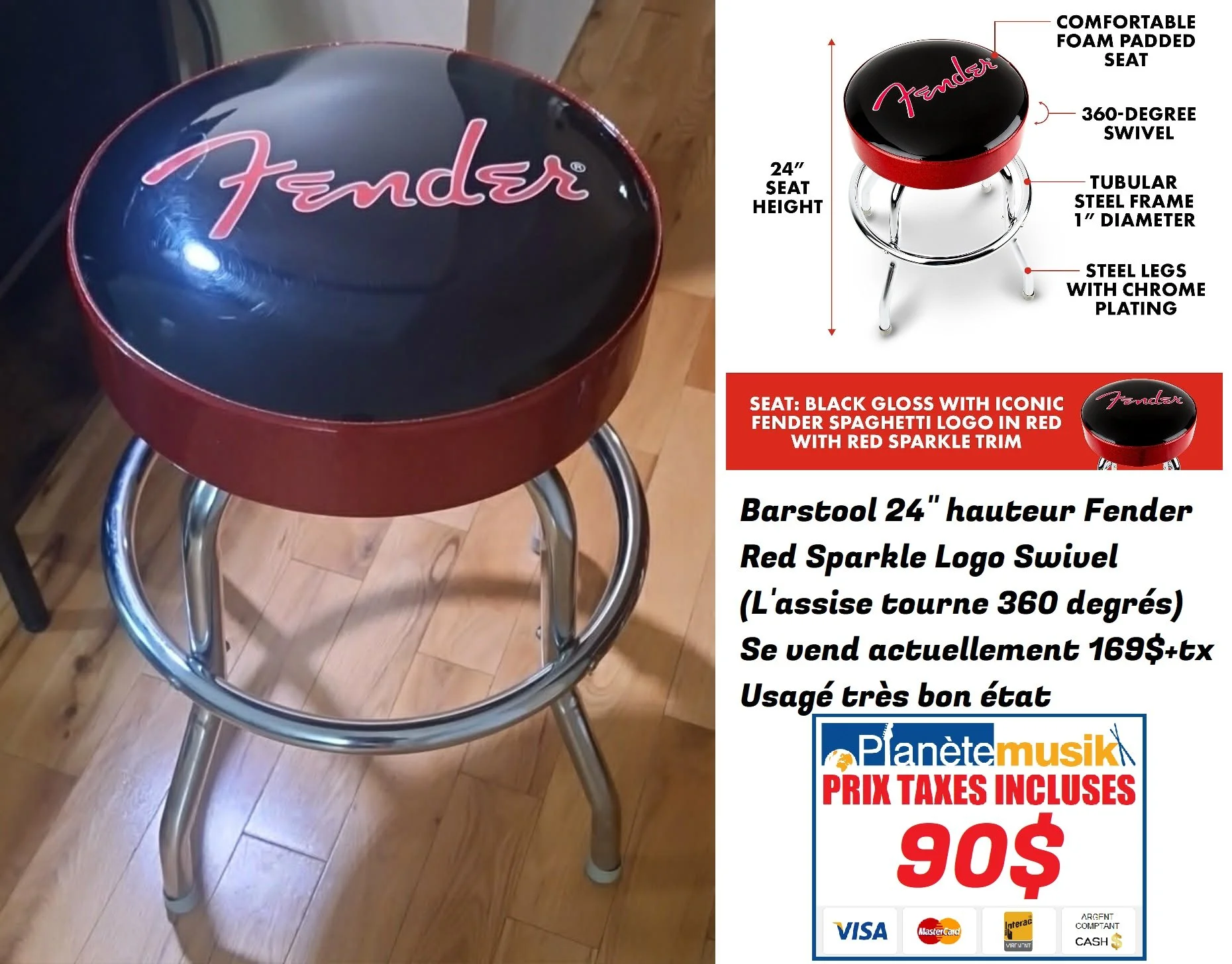 TAXES INCLUSES Barstool 24" hauteur Fender Red Sparkle Logo Swivel (L'assise tourne 360 degrés) Se vend actuellement 169$+tx (194.30$) Usagé bon état