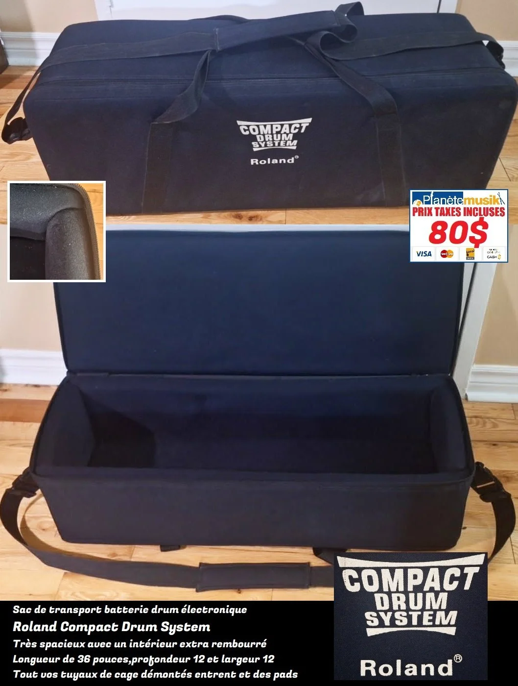 TAXES INCLUSES Sac de transport batterie drum électronique Roland Compact Drum System un intérieur extra rembourré Longueur de 36 pouces, prof 12 et largeur 12 - tuyaux de cage entrent &amp; pads etc