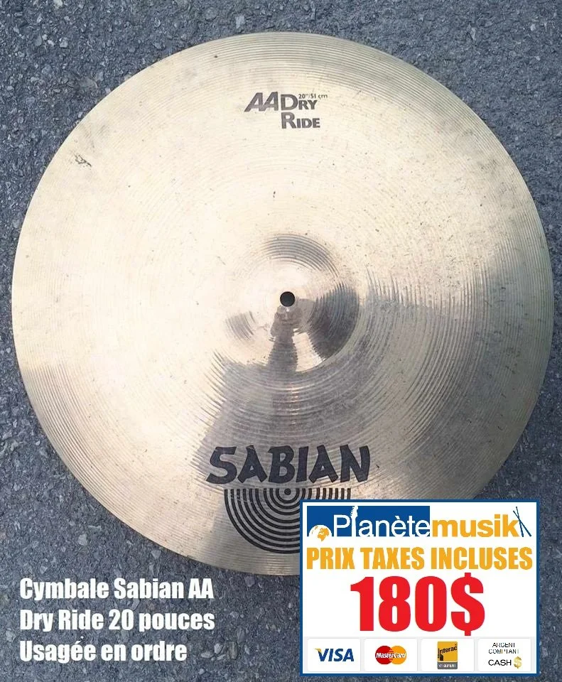 TAXES INCLUSES - Cymbale SABIAN AA Dry Ride 20 pouces Usagée en ordre 180$