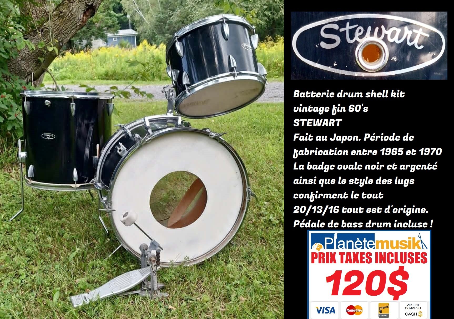 TAXES INCLUSES ! Batterie drum shell kit vintage fin 60's STEWART Fait au Japon 13/16/20