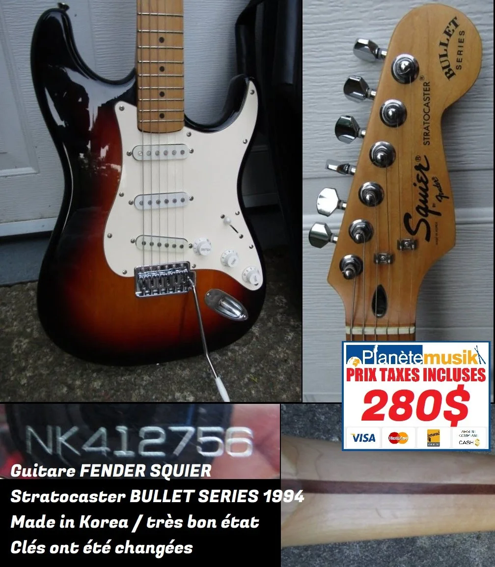 TAXES INCLUSES Guitare Vintage FENDER SQUIER Stratocaster BULLET SERIES 1994 Made in Korea, faite en Corée Clés ne sont pas d'origine Usagée bon état! 280$