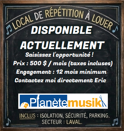 Local de répétition disponible. Prix : 500 $ / mois (tx inc) , salle de bain, alarme, accès 24h  Parfait pour groupe de 4 -  Location de 12 mois minimum contactez-moi — Eric (proprio)