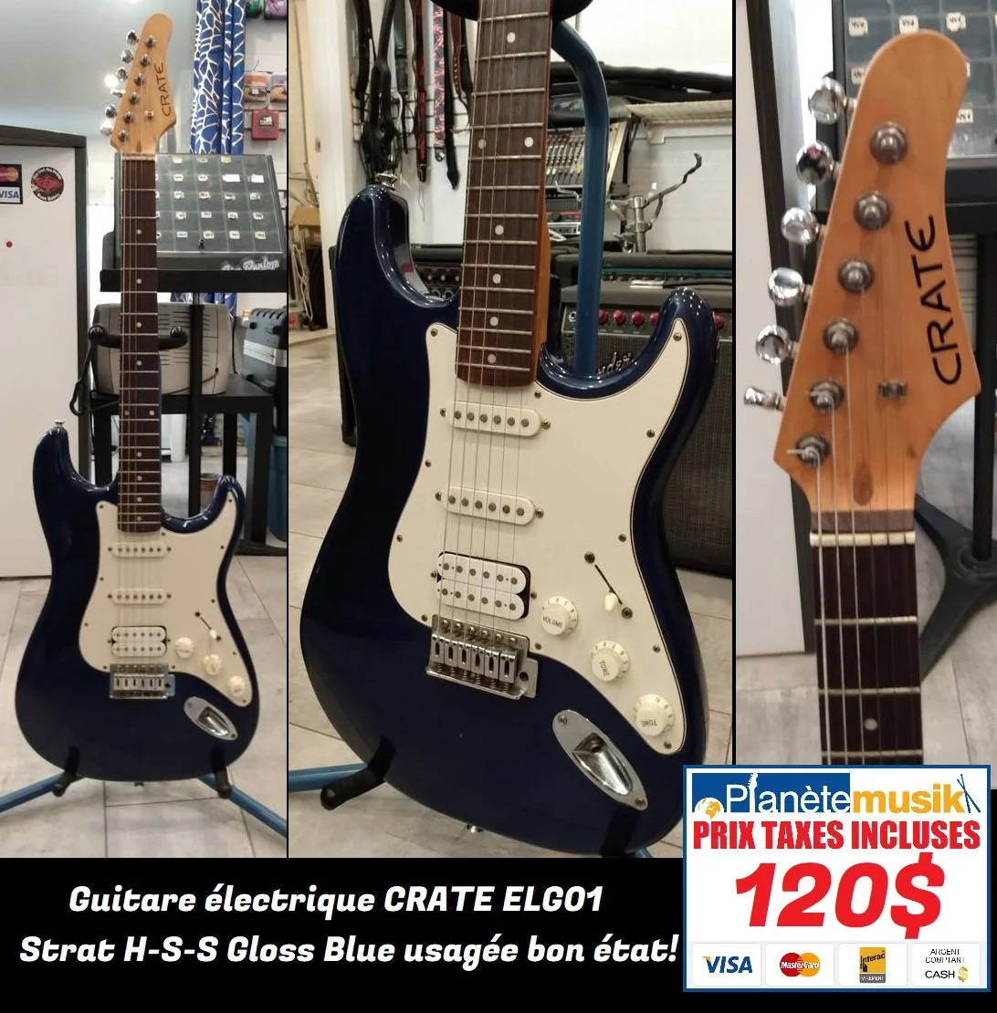 TAXES INCLUSES - Guitare électrique  CRATE ELG01 Strat H-S-S Gloss Blue usagée bon état! 120$