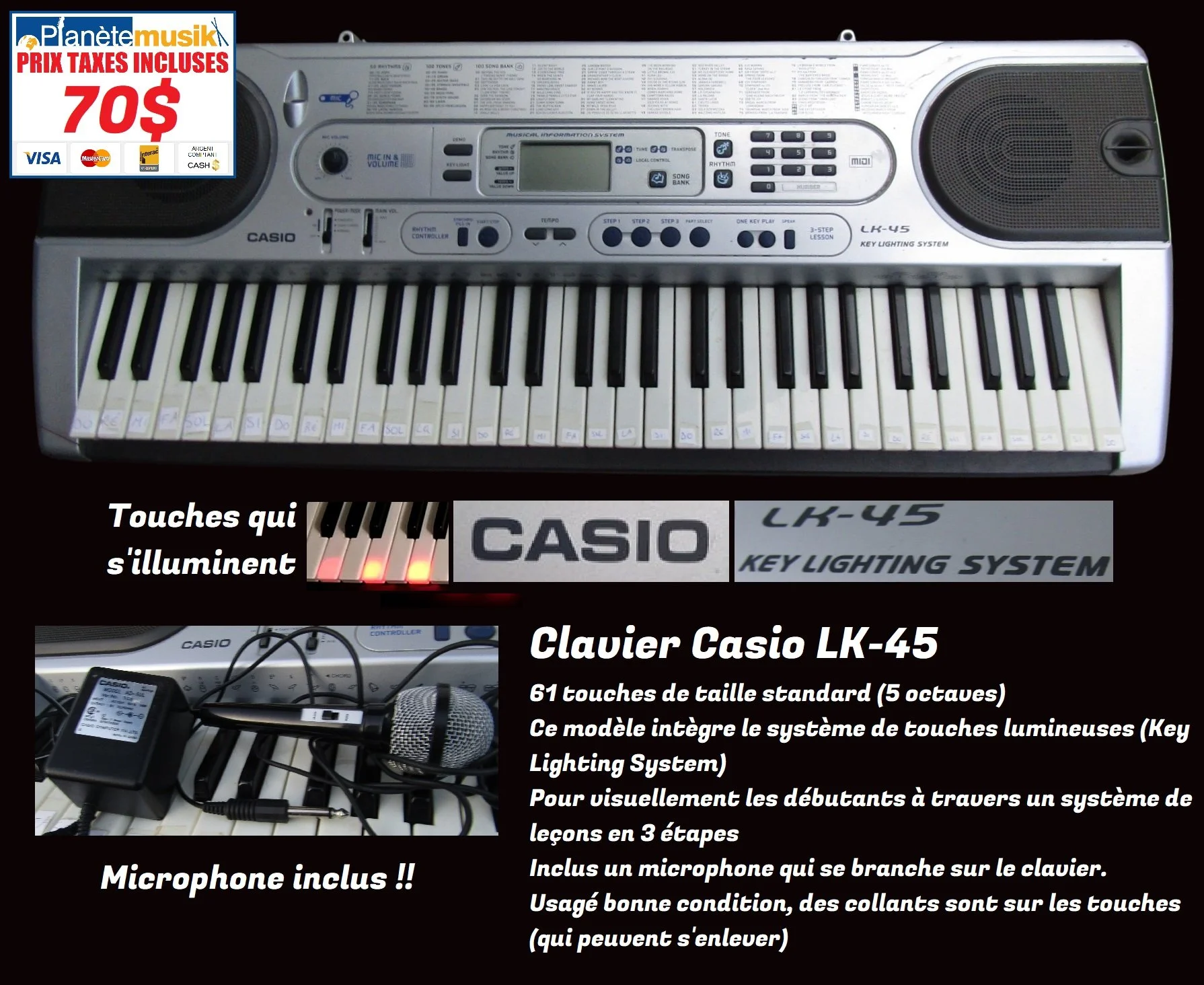 TAXES INCLUSES Clavier CASIO LK-45 Usagé en ordre touches lumineuses - Microphone inclus - petits collants sur les touches à nettoyer