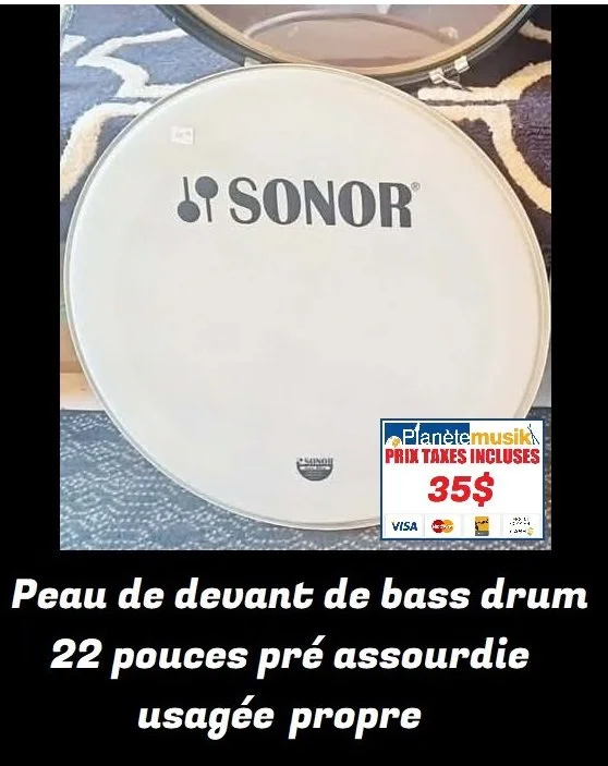 TAXES INCLUSES - SONOR Peau de devant de bass drum 22 pouces pré assourdie usagée propre