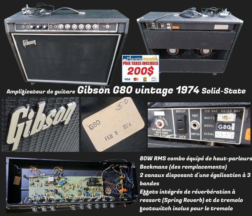 **Alerte BAISSE DE PRIX** était 250$ TAXES INCLUSES Amplificateur GIBSON G80 Vintage 1974 Solid-State 2 Haut-parleurs Beckmans (des remplacements) Usagé en ordre AUBAINE 200$