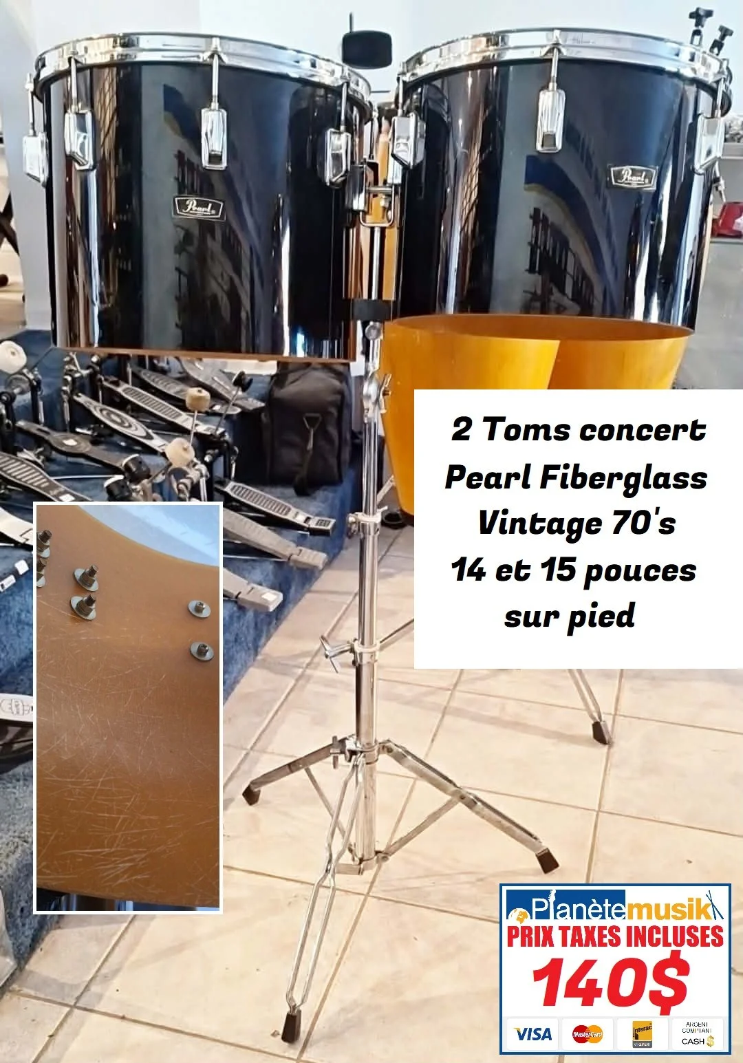 TAXES INCLUSES 2 Toms concert Pearl Pure Fiberglass d'origine des années 1970 - 14 et 15 pouces sur pied..140$