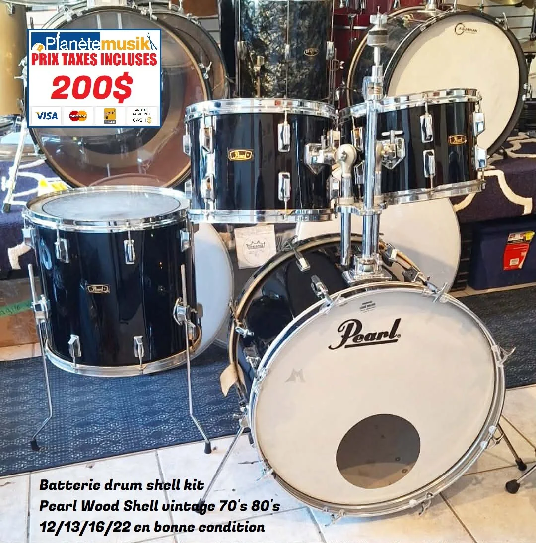 TAXES INCLUSES - Batterie drum shell kit Pearl Wood Shell vintage 1970 / début 1980 12/13/16/22 en bonne condition...200$