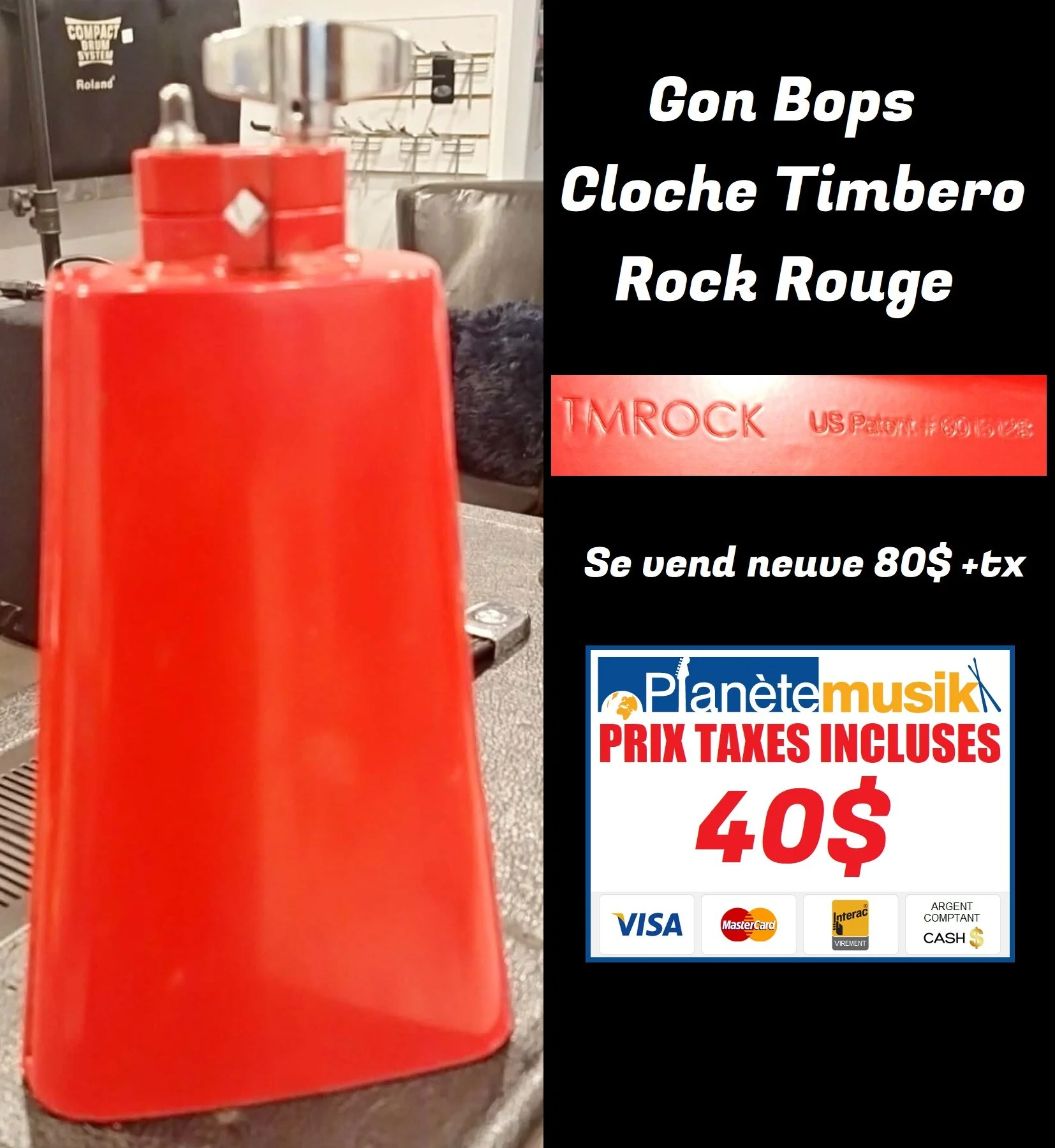 TAXES INCLUSES - Cloche à vache Cowbell deluxe GON BOPS Timbero rock RED avec attache à même la cloche (se vend neuf 80$+tx) 40$