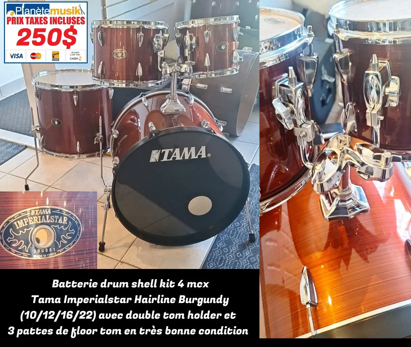 Batterie drum shell kit 4 mcx Tama Imperialstar (2010) Hairline Burgundy (10/12/16/22) avec tom holder omnisphere et 3 pattes de floor tom en très bonne condition 250$
