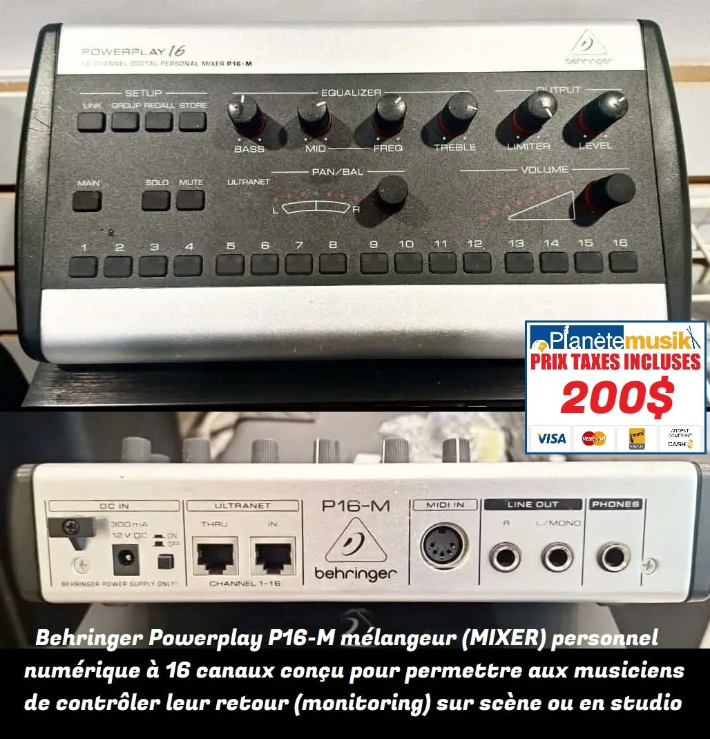 TAXES INCLUSES - Behringer Powerplay P16-M est un mélangeur personnel numérique à 16 canaux conçu pour permettre aux musiciens de contrôler leur propre retour (monitoring) sur scène ou  studio....200$