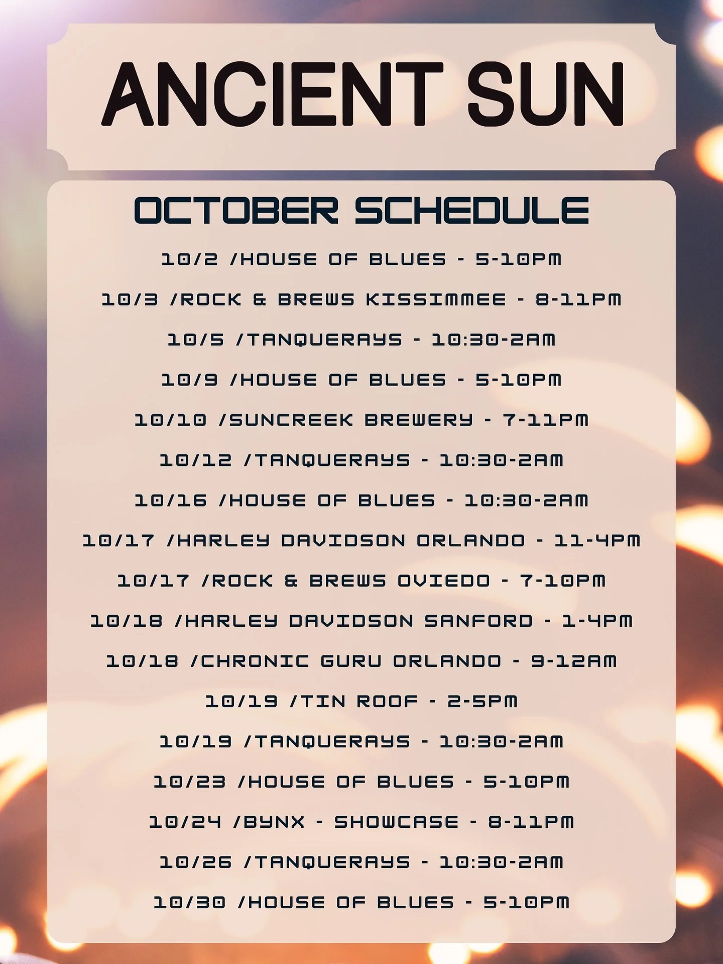 A loaded schedule and excessive amounts of pumpkin spice coffee for Ancient Suntober 🍂 

Rock out with us at our shows, it&rsquo;ll be killer! We have NEW venues added for this month and the rest of the year, and even an extra gig at @suncreekbrewer