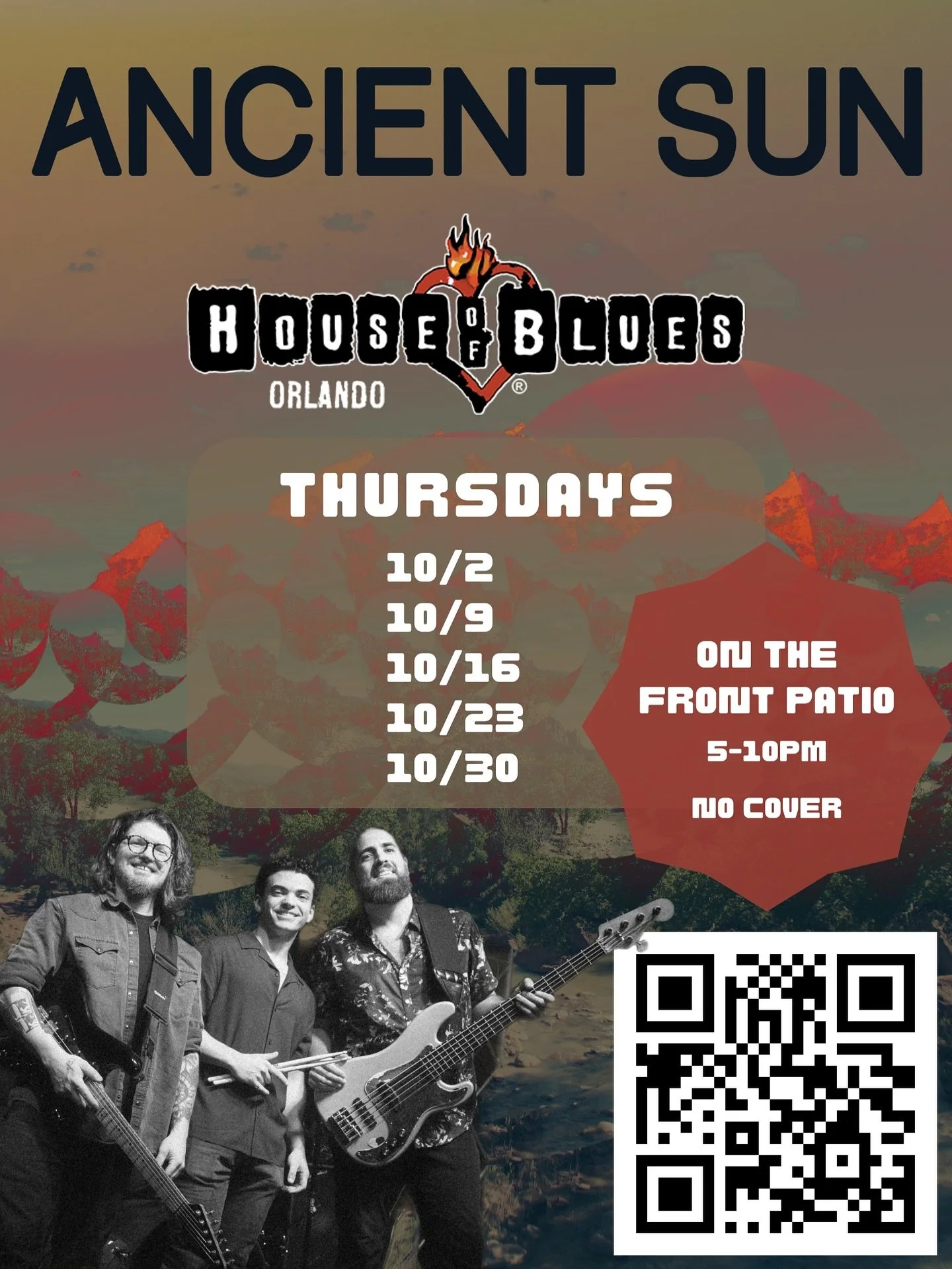 It&rsquo;s not a haunted house, but it&rsquo;s still a killer time 🔪

Every Thursday, we&rsquo;re rockin&rsquo; our souls out at @hoborlando from 5-10pm 🤘

#ancientsun #band #powertrio #houseofblues #orlando #rock #music #localmusic #supportlocalmu