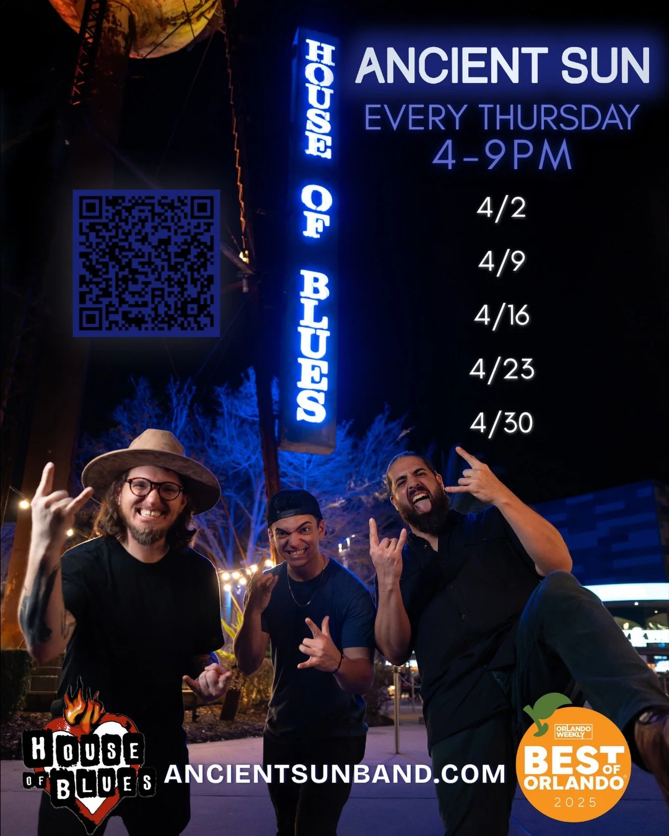 April showers and Ancient Sun 🌦️ 

We will be performing at @hoborlando 4-9pm every Thursday! Let&rsquo;s rock out and make it a blast 🤘

🗓️ April Dates: 
- 4/2
- 4/9
- 4/16
- 4/23
- 4/30

#ancientsun #houseofblues #orlando #live #music