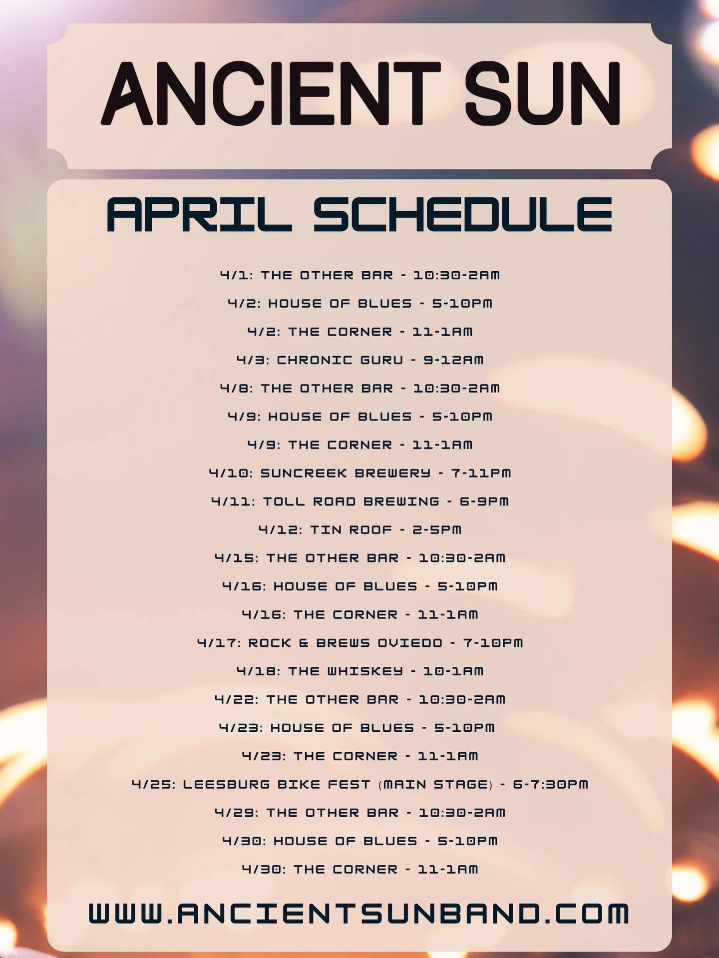 Overdrive ⚙️

Can&rsquo;t dim this sun, we&rsquo;re only heating up. Come see a show or two this month, there&rsquo;s plenty to choose from! We&rsquo;ll be opening for @everclear on the 25th at @officialleesburgbikefest so do not miss out on an aweso