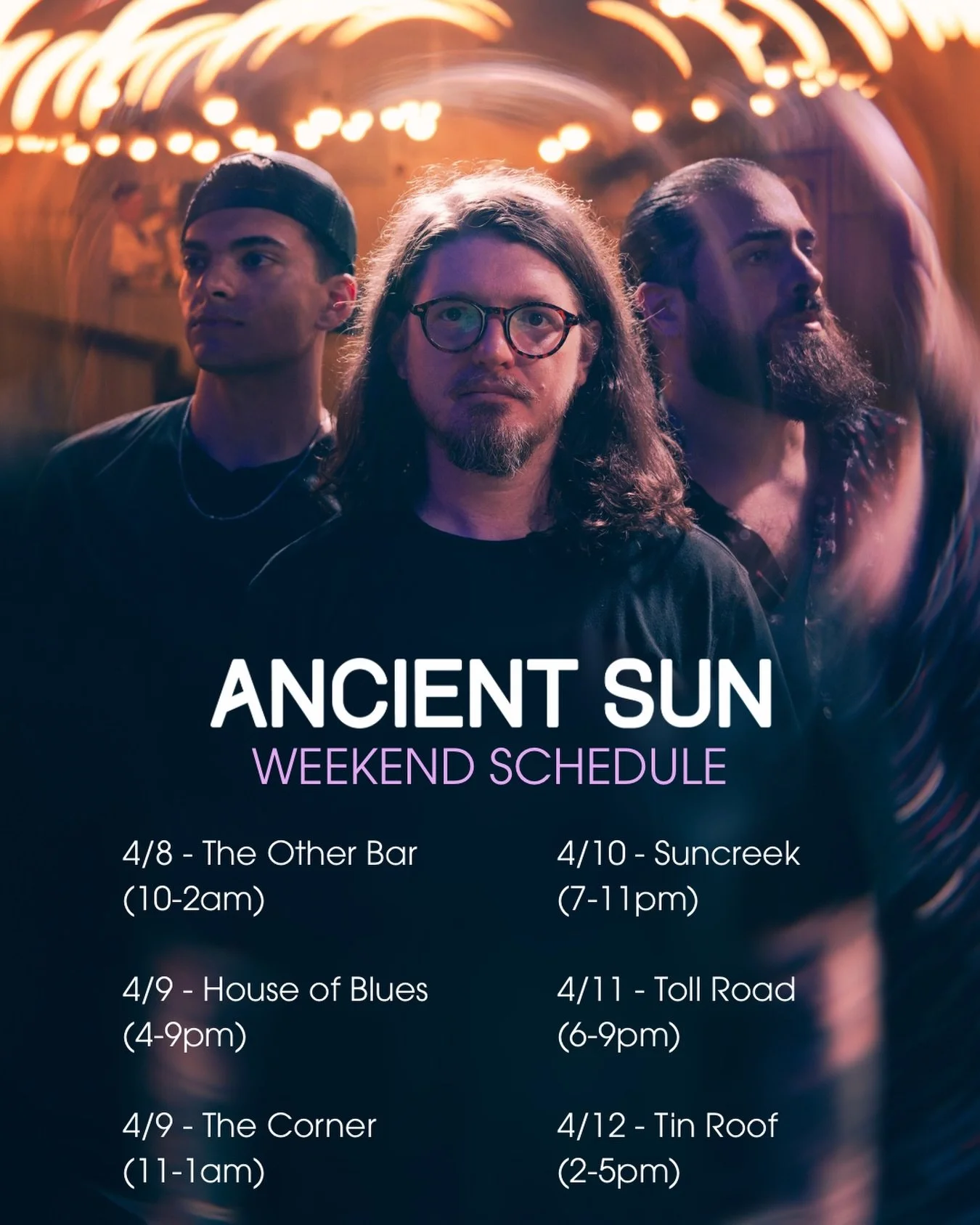 6 shows, 5 days, 3 dudes, 1 brain cell left 🧠 

Come see us this week at these venues! They&rsquo;re always providing a great time, good drinks, and a place to have everyone rock out 🤘 

See you soon ☀️ 

#ancientsun #band #show #music #orlando